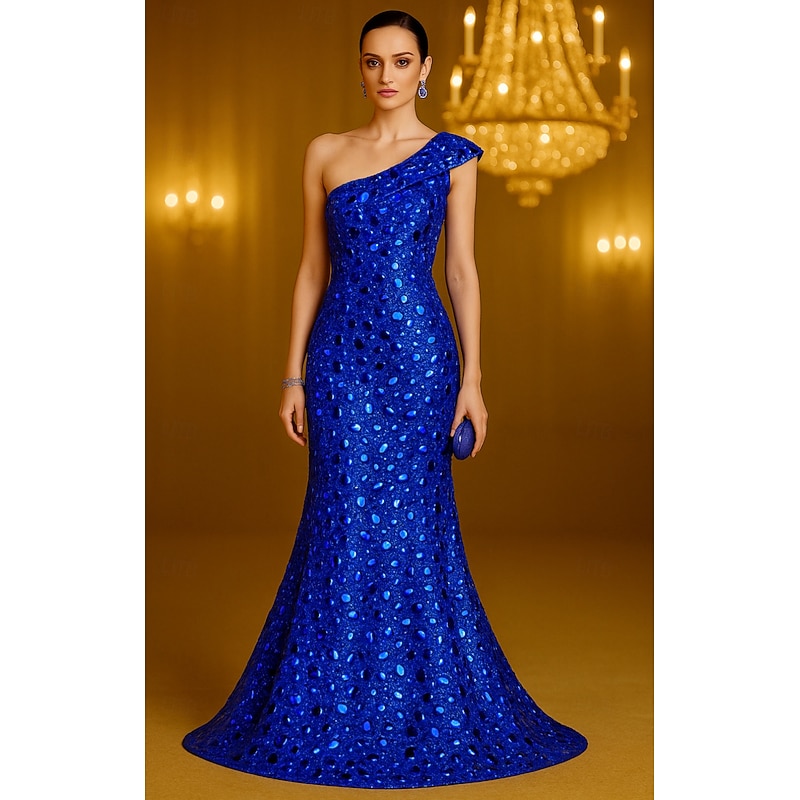 Blue Gold Mermaid / Trumpet Evening Gown Elegant Formal Dress Formal Wedding Floor Length Short Sleeve One Shoulder Pocket Sequined with Glitter Sequin 20253