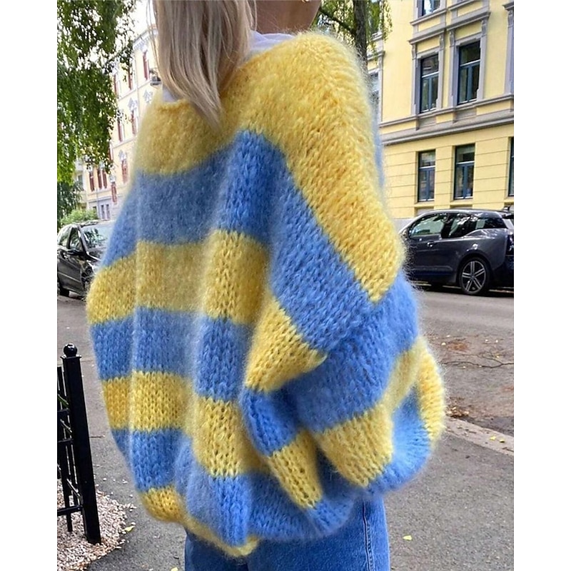 Women's Sweater Fashion Streetwear Casual Striped Ribbed Crew Neck Knitted Long Sleeve Regular Tops Knit Outdoor Daily Weekend Yellow Fall Winter2