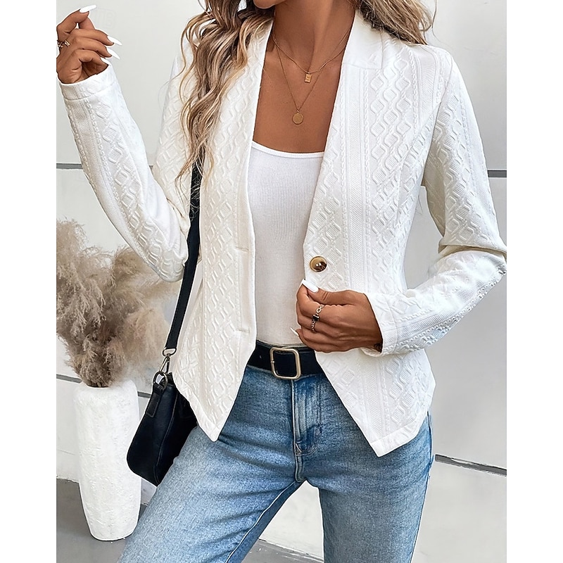 Women's Casual Jacket Comfortable Breathable Jacquard Fashion Daily Plain Outdoor Casual Daily Single Breasted Short Collarless Regular Fit Long Sleeve Outerwear White Spring Fall
