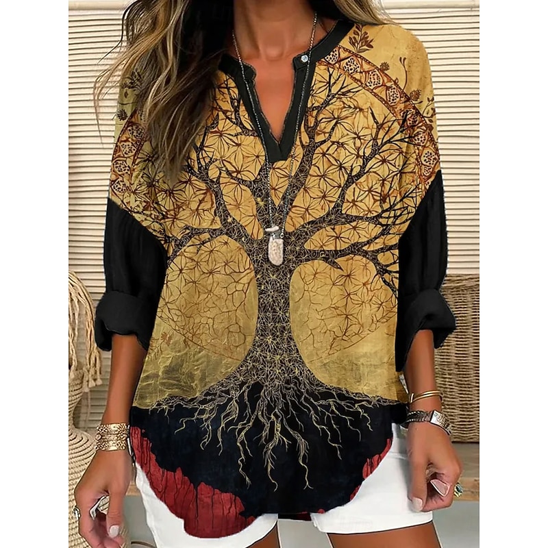 Women's Blouse Ombre Graphic Geometric Vintage Tropical Hawaiian Long Sleeve V Neck Regular Tops Daily Holiday Vacation Wear Print Black Yellow Purple Spring Fall Winter2