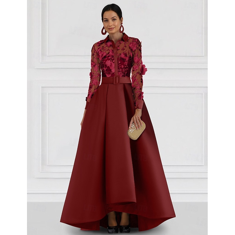 Red Blue A-Line Mother of the Bride Dress Elegant Shirt Collar Floor Length Satin Lace Long Sleeve with Embroidery