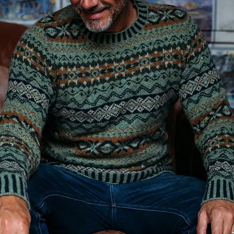 Men's Geometic Rhombus Pullover Sweater Jumper Fair Isle Sweater Knitwear Crewneck Casual Vacation Daily 3D Print Knitting Keep Warm Long Sleeve Spring Fall Winter Green2