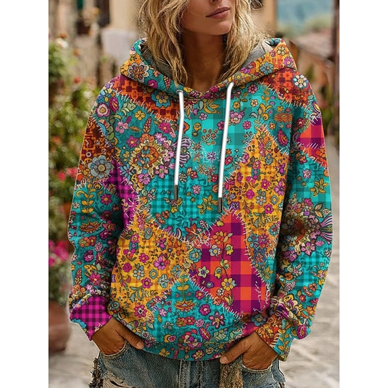 Women's Pullover Hoodies Floral Plaid Retro Casual Boho Long Sleeve Hooded Regular Tops Dailywear Casual Drawstring Pocket Print Blue Spring Fall