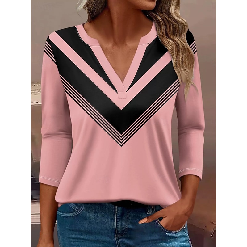 Women's T Shirt Graphic Geometric Vintage Stylish Classic Long Sleeve V Neck Notched Neck Regular Tops Daily Print Pink Blue Purple Green Spring Fall Winter