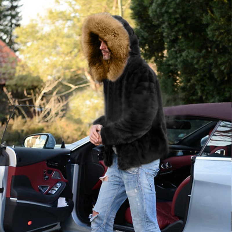 Men's Winter Jacket Fleece Jacket Faux Fur Coat Vacation Casual Thermal Warm Keep Warm Fleece Fall & Winter Plush Elegant Punk Hooded Regular Black Jacket4