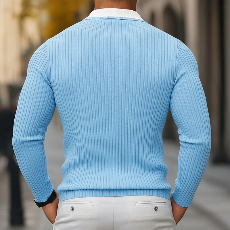 Men's Polo Shirts Rib Knit Top Business Casual Ribbed Polo Collar Long Sleeve Fashion Basic Solid Color Knitting Spring Fall Winter Slim Fit Light Blue Navy Blue Orange Khaki Gray Polo Shirts2