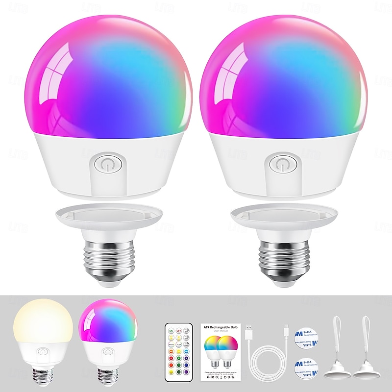 Rechargeable Light Bulbs with Remote Control, RGBCW 1800mAh Battery Operated Light Bulb, Detachable LED Light Bulbs for Wall Sconces, Emergency