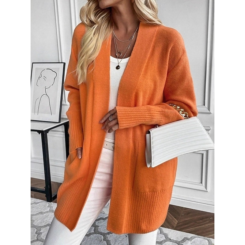 Women's Sweater Cardigan Elegant Fashion Streetwear Solid Color Open Front Knitted Long Sleeve Long Tops Knit Outdoor Daily Weekend Blue Orange Fall Winter
