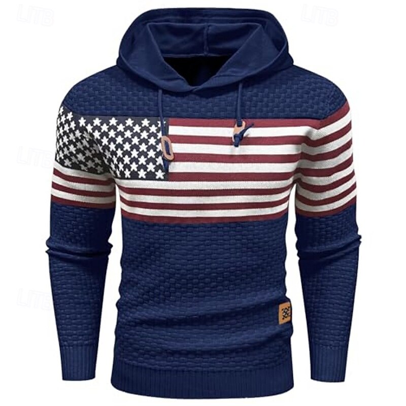 Men's Hoodie Black Army Green Red Blue Khaki Hooded Jacquard National Flag Drawstring Print Sports & Outdoor Daily Holiday Polyester Streetwear Basic Casual Spring Fall Clothing Apparel Hoodies