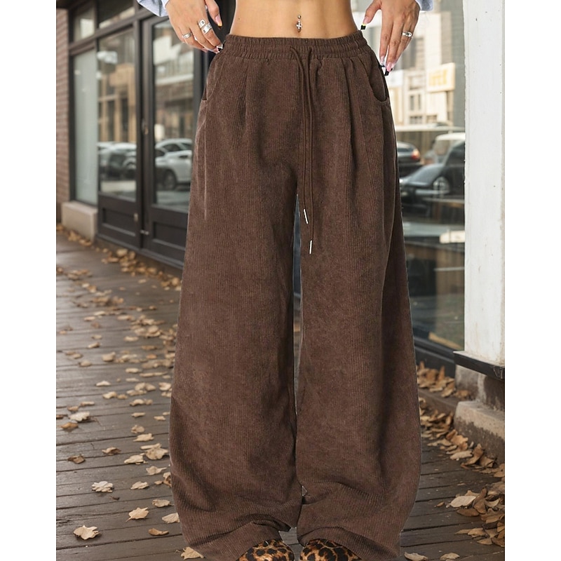 Women's Culottes Wide Leg Chinos Streetwear Casual Full Length Medium Waist Plain Pocket Elastic Drawstring Design Comfortable Micro-elastic Outdoor Vacation Daily Dark Brown Fall Winter Regular Fit