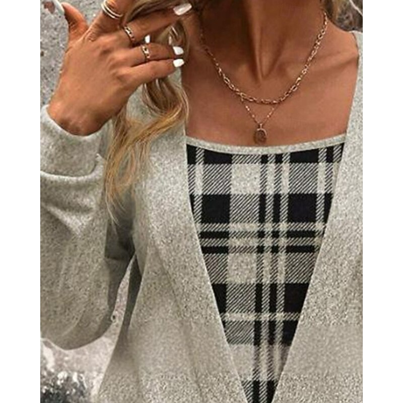 Women's Shirt Blouse Plaid Stylish Basic Casual Long Sleeve Square Neck Regular Tops Daily Holiday Print Khaki Spring Fall Winter2