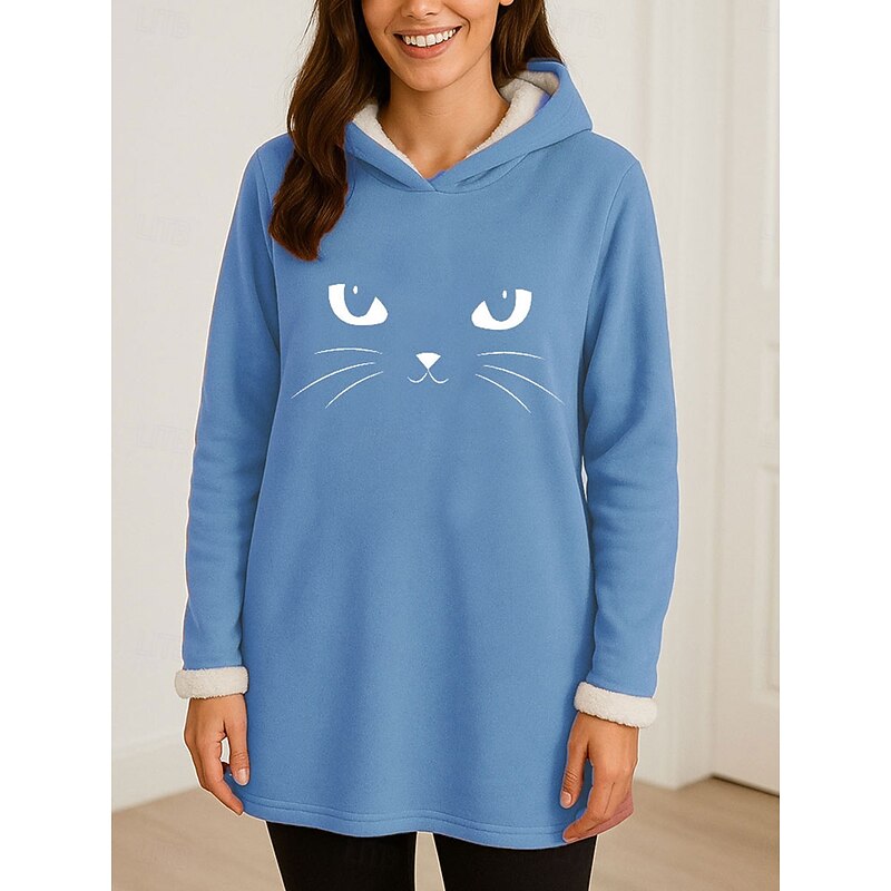 Women's Pullover Hoodie Sweatshirt Graphic Cat Casual Comfrt Long Sleeve Hooded Long Tops Street Dailywear Casual Print Pink Blue Gray Fall Winter2