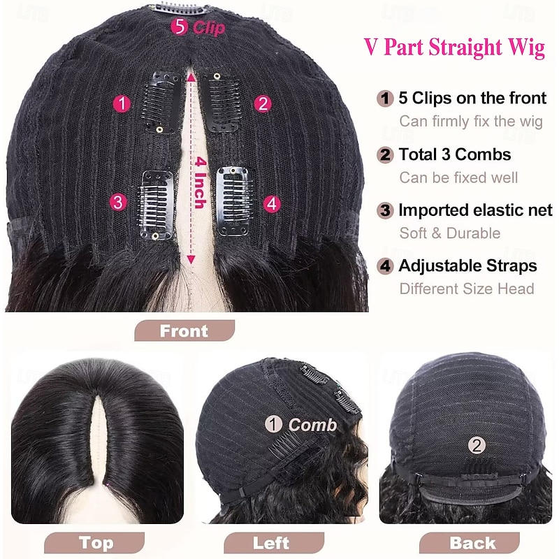 V Part Wigs Human Hair Straight Brazilian Human Hair Wigs for Black Women Upgrade U Part Wigs No Sew in NO Glue Half Wigs Human Hair 180% Density Natural Color4