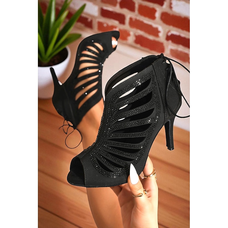 Women's Rhinestone - Studded Cutout Peep - Toe High Heel Dance Boots for Gatsby Parties and Ballroom Events2