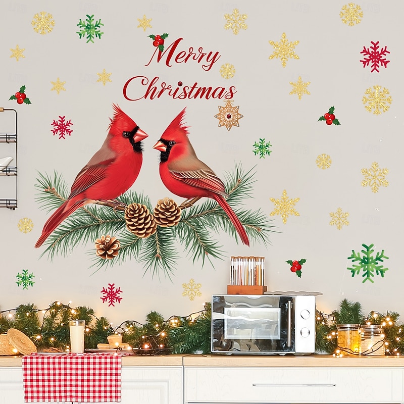 Christmas Sticker Wall Decals Colorful Parrot Pinecone Snowflake Removable Vinyl Mural Holiday Party Bedroom Entryway Home Background Decoration For Christmas Festival Atmosphere4