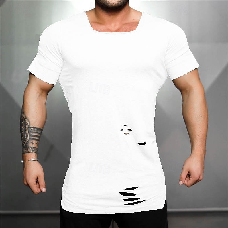 Men's T Shirt Tee Short Sleeve Shirt Tee Top Short Sleeve Square Neck Summer Plain Fashion Designer Basic Hole Vacation Street Going out White Gray Top Tee for Men4