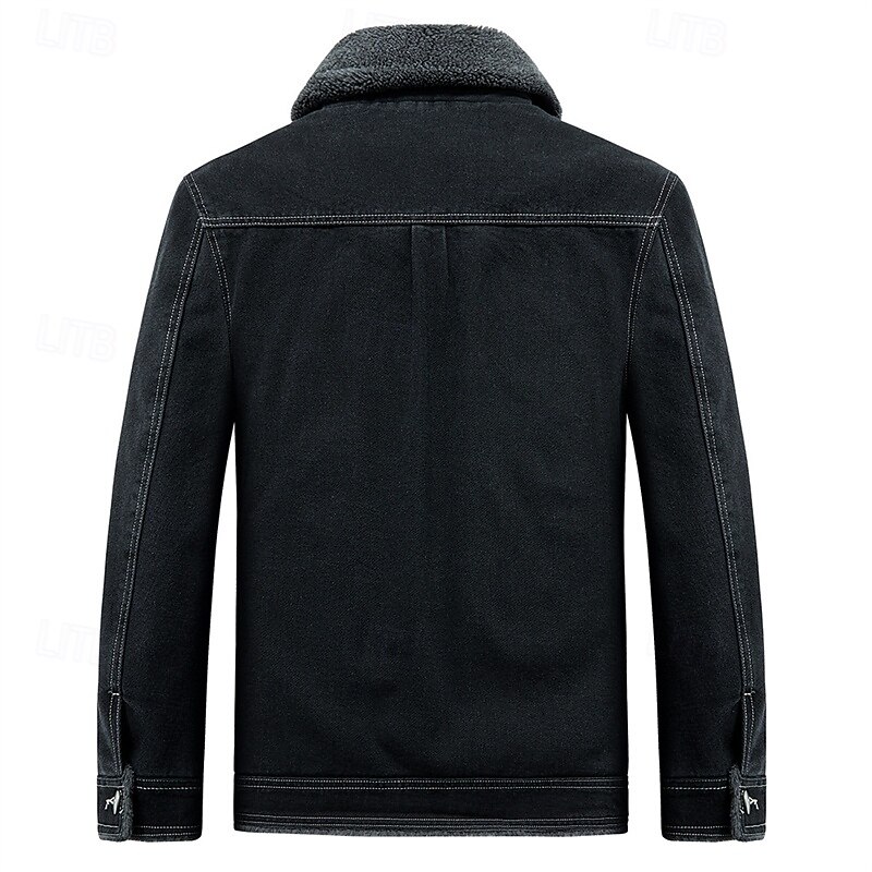 Men's Winter Jacket Fleece Jacket Denim Jacket Vacation Daily Thermal Warm Pocket Fleece Fall Winter Plain Fashion Streetwear Lapel Regular Black Blue Dark Gray Jacket3