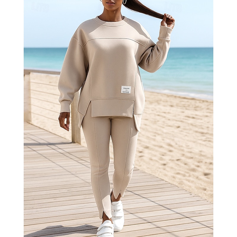 Women's Sweatpants 2 Piece Tracksuit Sportswear Oversize Solid Colored Clothing Suit Fall Black Blue Outdoor Travel Sports Baggy Long Sleeve Sport Activewear Micro-elastic Regular Fit