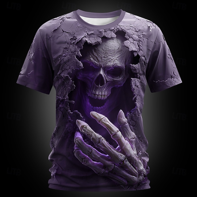 Halloween Men's Optical Illusion Grim Reaper 3D T Shirt Short Sleeve T shirt 3D Print Crew Neck Shirt Exaggerated Designer Horror Party Street Holiday Blue Purple Green Summer Spring All Seasons2