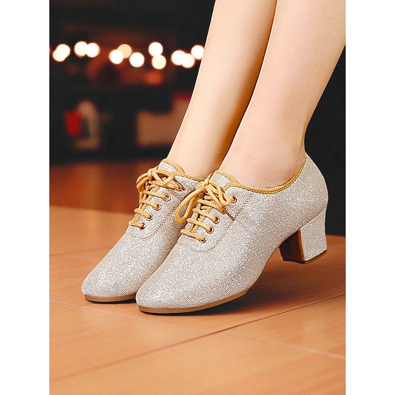 Women's Glitter Lace-Up Ballroom Dance Shoes - Sparkly Low Heel Professional Practice and Performance Footwear