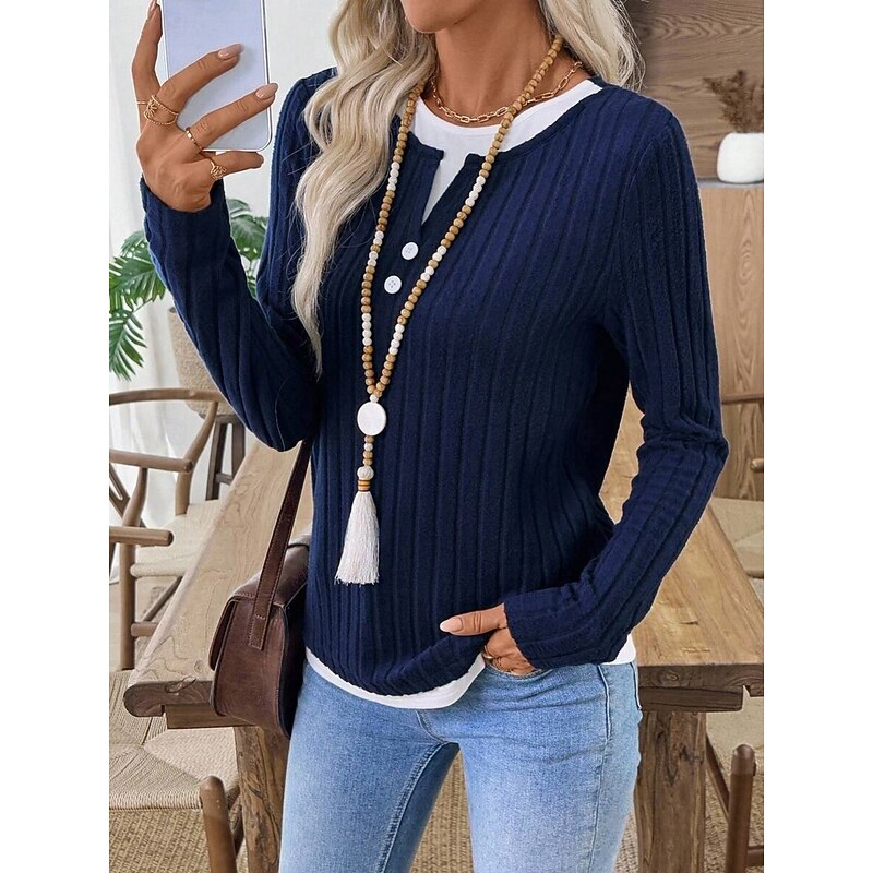 Women's Blouse Solid Color Stylish Casual Long Sleeve Crew Neck Regular Tops Daily Patchwork Buttons Black Red Navy Blue Gray Spring Fall Winter