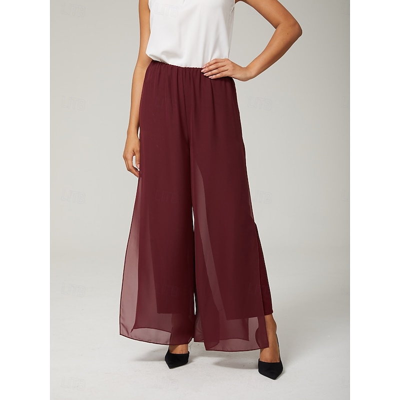 Women's Culottes Wide Leg Straight-Leg Trousers Elegant Stylish Classic Style Full Length Medium Waist Solid Color Elastic Waist Stretchy Wedding Vacation Party Wine Spring, Fall, Winter, Summer