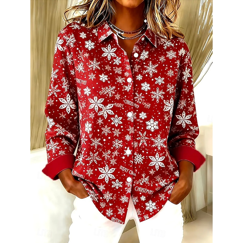 Christmas Women's Shirt Blouse Graphic Plaid Snowflake Vintage Tropical Stylish Long Sleeve Shirt Collar Regular Tops Daily Patchwork Buttons Print Red Camel Green Summer Spring Fall Winter