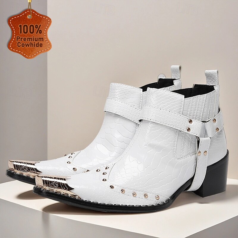 White Genuine Leather Men's Western Motorcycle Boots with Metal Toe Cap, Studded Strap, Punk Gothic Style – Ideal for Harley Riders, Rock Concerts, Stage Performance and Nightlife Fashion