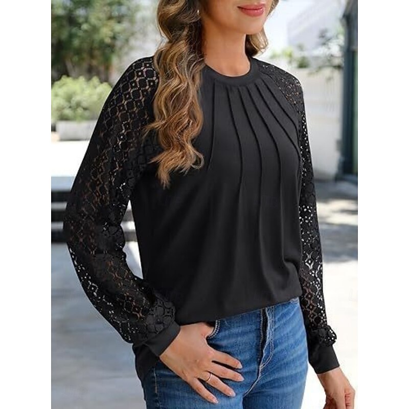 Women's Blouse Solid Color Elegant Stylish Basic Long Sleeve Crew Neck Regular Tops Daily Patchwork Black White Navy Blue Green Apricot Spring Fall Winter2