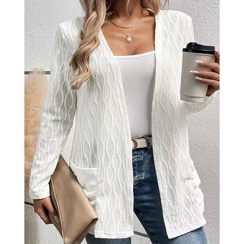Women's Sweater Cardigan Streetwear Casual Solid Color Open Front Pocket Knitted Long Sleeve Regular Tops Knit Daily Going out Weekend Black White Fall Winter4