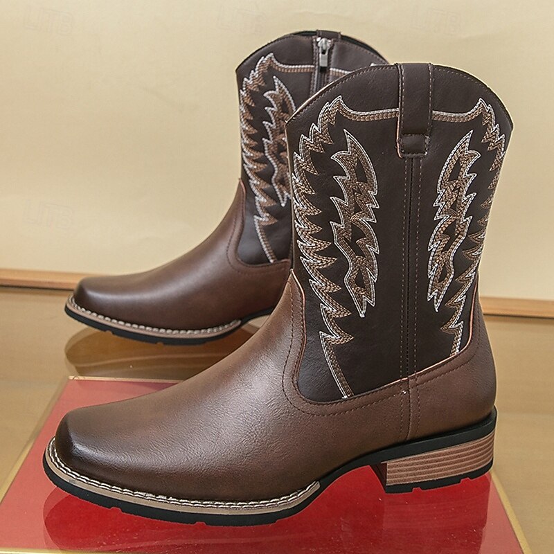 Men's Brown Western Cowboy Boots with Embroidered Wing Pattern, Classic Square Toe, Comfortable Fit, Durable Riding Style Footwear for Ranch, Rodeo, Country Concerts and Outdoor Work