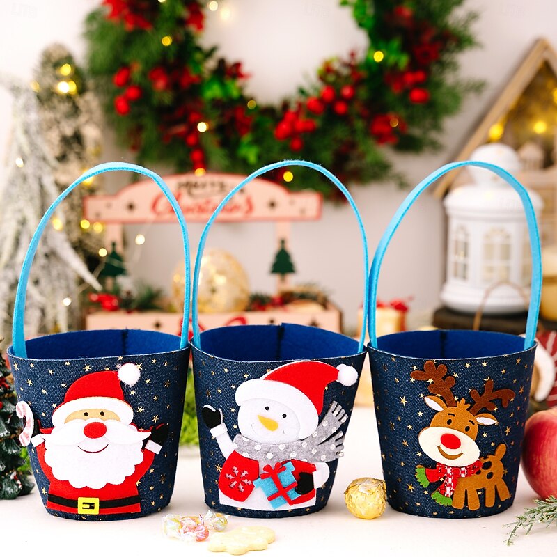 3pcs Christmas Denim Gift Bags, Creative Cartoon Tote Bags for Kids & Adults, Holiday Candy Bags and Handheld Party Favor Bags - Main Image