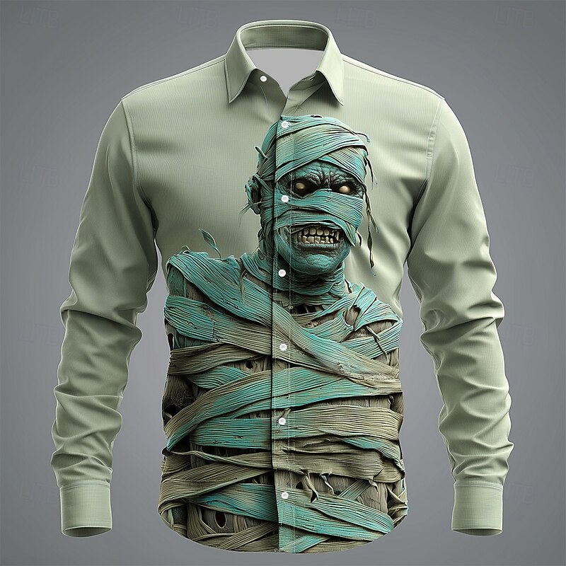 Halloween Men's Zombies Mummy Shirt Button Up Shirt Long Sleeve Dark Gothic Style Holiday Streetwear Spring Fall Turndown 3D Print Collared Shirts Light Green Green