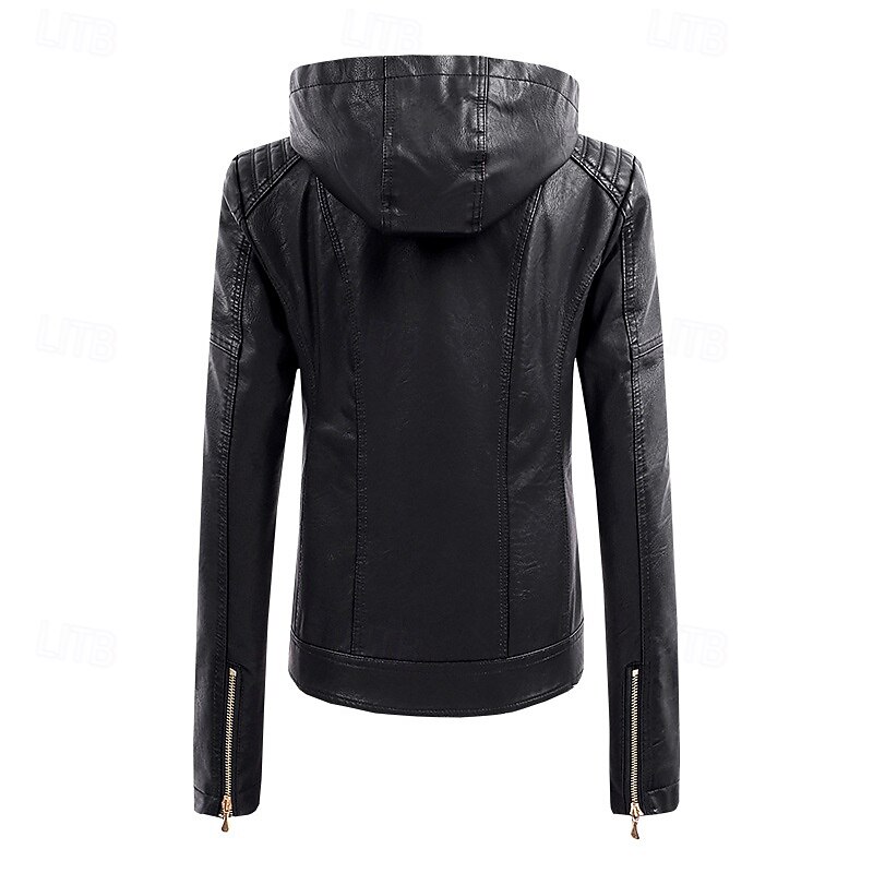 Women's Faux Leather Jacket Warm Comfortable Zipper Pocket Casual Solid Color Vacation Street Casual Daily Wear Short Hooded Regular Fit Long Sleeve Outerwear Black Red Blue Fall Winter3