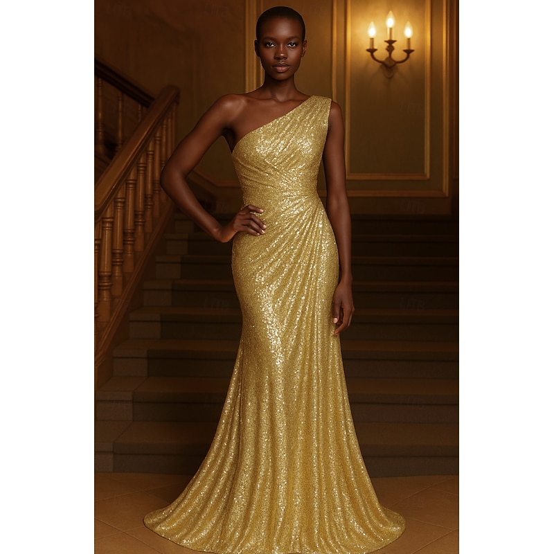 Black Gold Sequined Mermaid Evening Gown Elegant Dress Formal Wedding Floor Length Short Sleeve One Shoulder Champagne Mother Of the Bride Dress with Glitter Pleats 2025