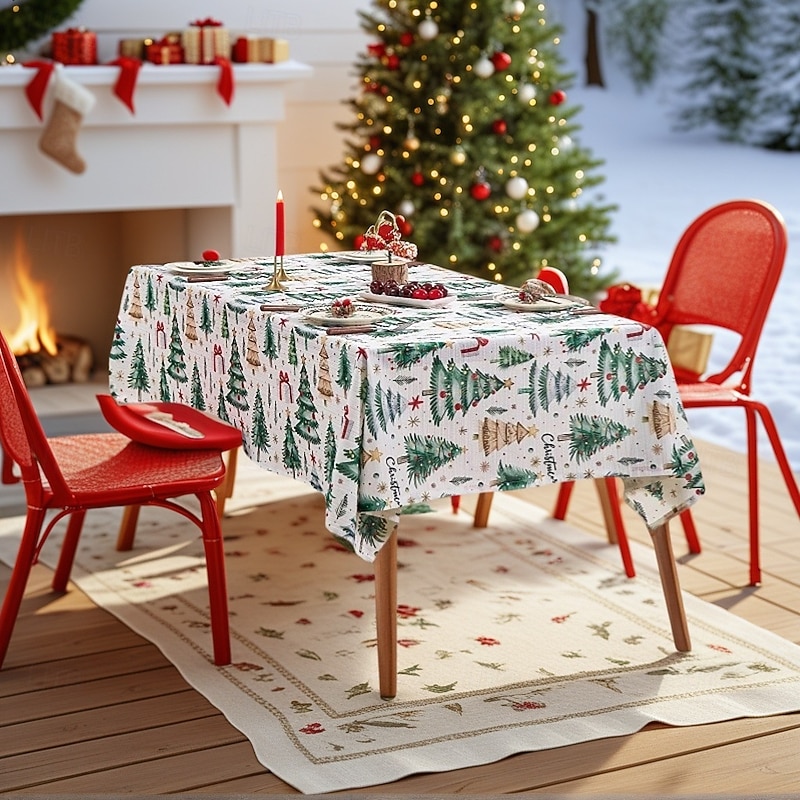 American Style Christmas Tablecloth, Holiday Dining Table Cover with Xmas Tree Design, Festive Table Decoration for Home Party & Seasonal Dining Room Decor