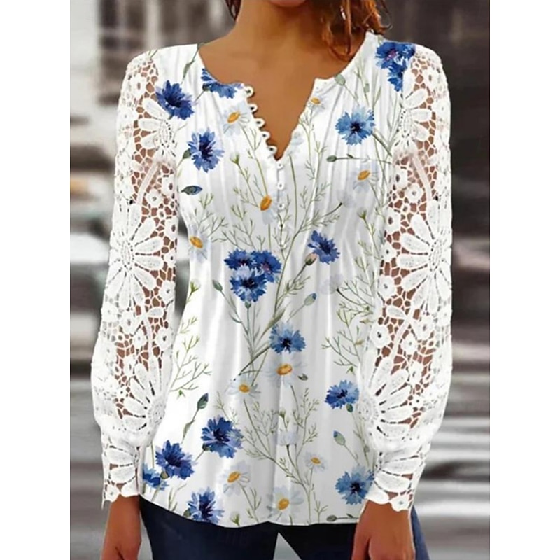 Women's Lace Shirt Blouse Floral Elegant Stylish Basic Long Sleeve V Neck Regular Tops Daily Lace Buttons Print White Blue Sky Blue Purple Spring Fall