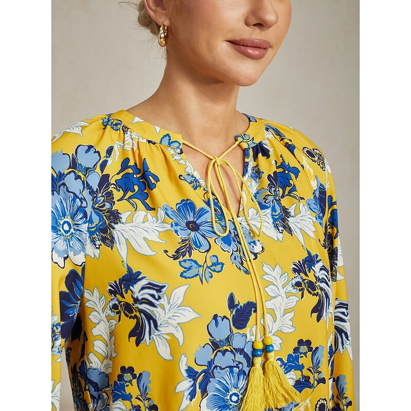 Women's Female Casual Shirt Floral Casual T-shirt Sleeve Yellow Floral 3/4 Sleeve Vacation V Neck3