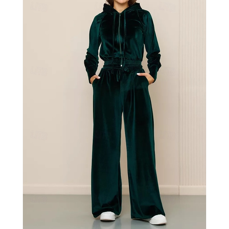 Women's Active Fashion Blouse Hoodie Pants Sets Long Sleeve Hooded Solid Color Drawstring Zipper Holiday Daily Wear Going out Black Pink Navy Blue Fall Regular Fit2