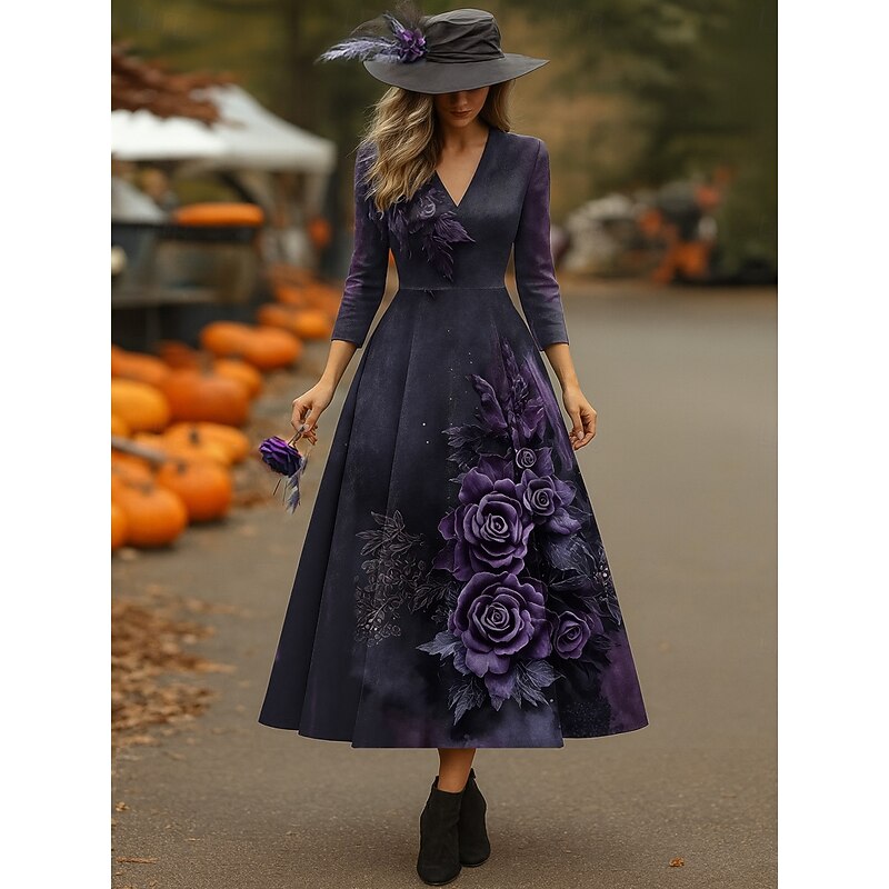 Halloween Women's Midi Dress Sundress A Line Dress Halter Dress Vacation Casual Wedding Party Birthday Regular Fit Floral Graphic 3/4 Length Sleeve V Neck Burgundy Purple Green Spring Fall