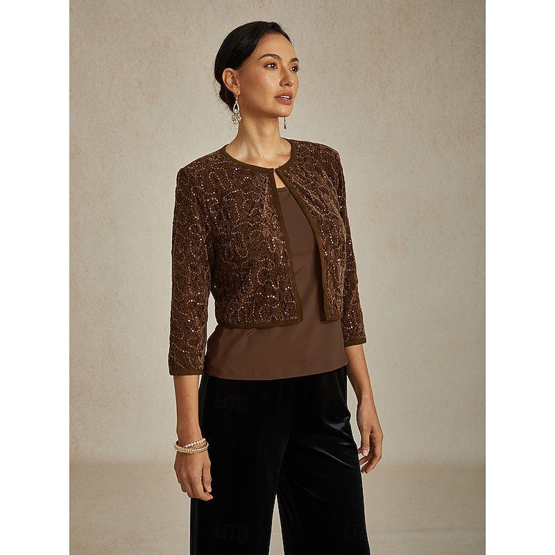 Women's Lace Tops Evening Tops Sequin Tops Elegant Party Crew Neck Brown Fall Winter