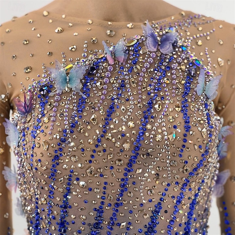 Figure Skating Dress Women's Girls' Ice Skating Dress Blue Black Thumbhole Open Back Mesh High Elasticity Training Competition Skating Wear Classic Crystal / Rhinestone Long Sleeve Ice Skating Figure2