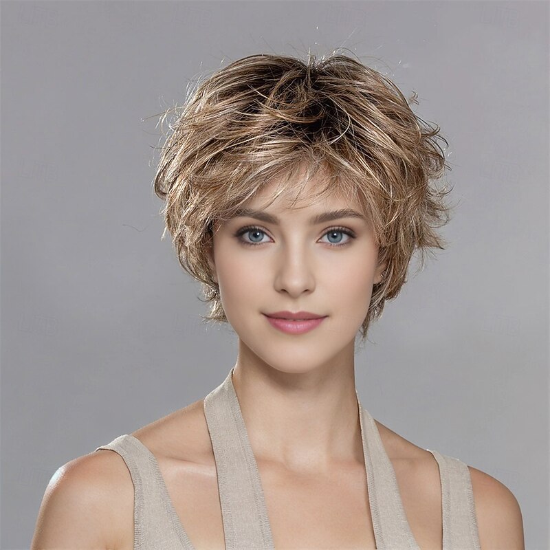 Women’s Brown Blonde Highlight Tousled Short Wig with Bangs Natural Looking Realistic Synthetic Hair Heat Resistant Layered Cut Elegant Daily Wear Fashion Style