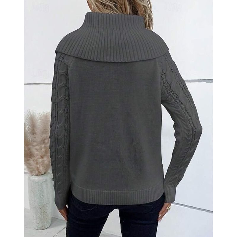 Women's Sweater Pullover Fashion Casual Pure Color Ribbed Turtleneck Buttons Knitted Long Sleeve Regular Tops Knit Outdoor Daily Weekend Khaki Dark Gray Fall Winter3