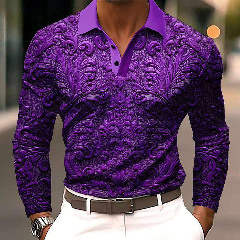 Men's Floral Polo Long Sleeve Polo Shirts Lapel Business Casual Athleisure Daily Wear 3D Print Buttons Spring Fall Winter Blue Purple Orange