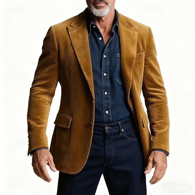 Men's Blazer Corduroy Blazer Business Cocktail Party Wedding Party Fashion Casual Spring Fall Polyester Plain Pocket Buttons Comfortable Single Breasted Blazer Dark Gray Black Yellow Blue