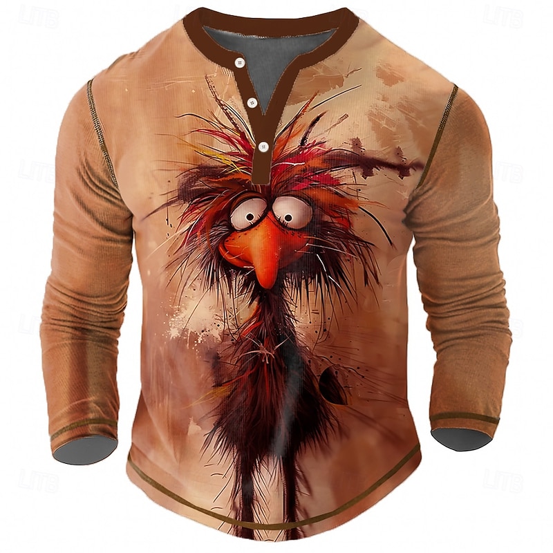 Men's Animal Chicken Henley Shirt Tee Long Sleeve Vintage Fashion Designer Outdoor Casual Daily Spring &  Fall All Seasons Green Brown khaki Henley Henley T-Shirt3