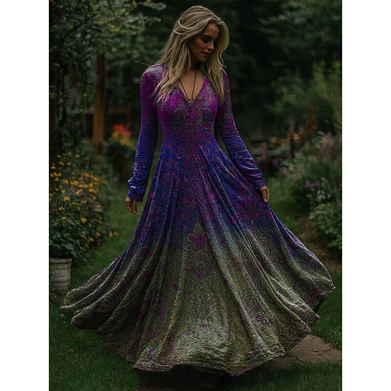 Christmas Women's Maxi Dress Pleated Dress Party Casual Boho Daily Date Going out Regular Fit Ombre Christmas Tree Long Sleeve V Neck Red Blue Purple Green Spring Fall Winter3