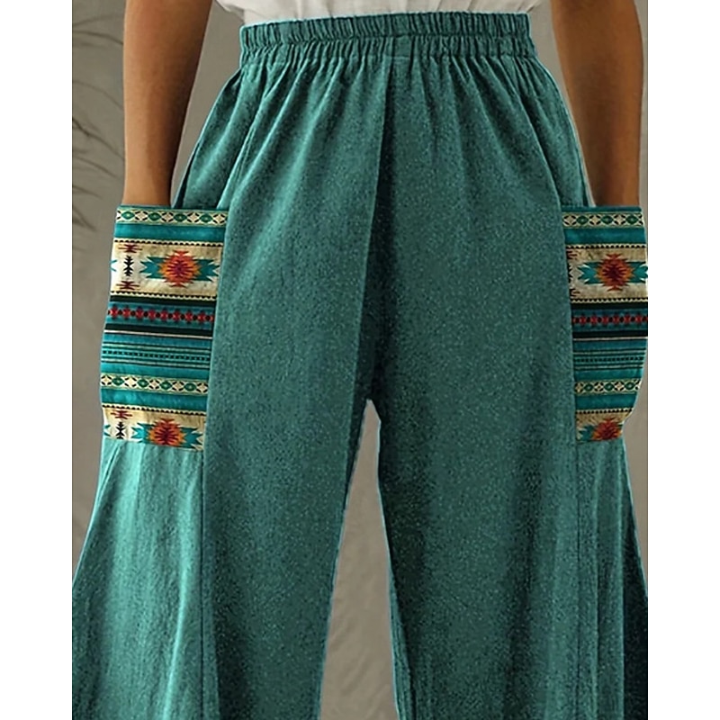 Women's Wide Leg Pants Trousers Vacation Ethnic Style Casual Full Length High Waist Graphic Pocket Elastic Waistband Print Comfy Breathability Inelastic Vacation Casual Daily Peacock Blue Spring Fall2