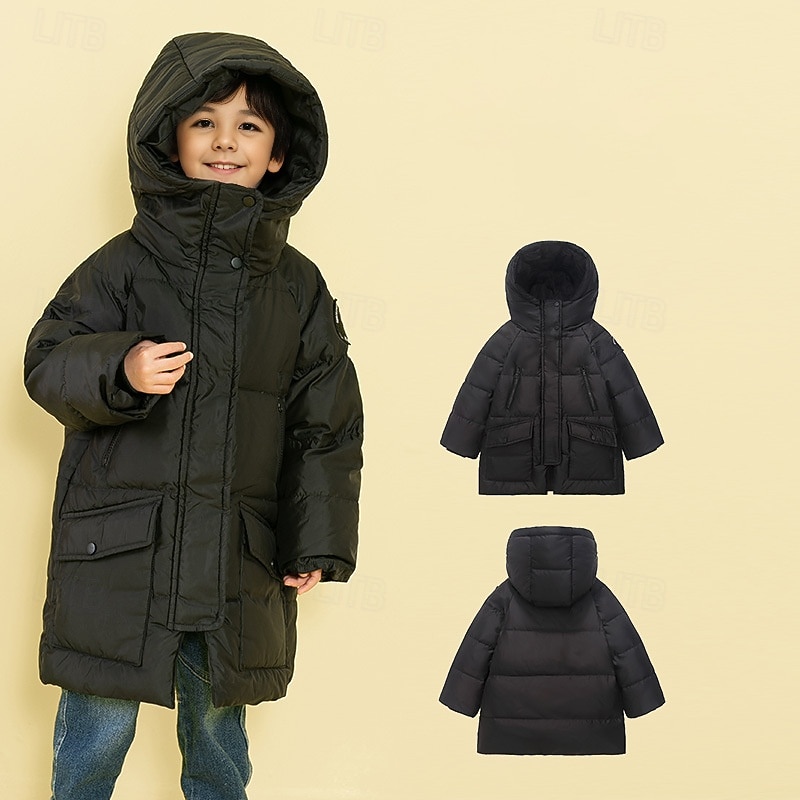 Kids Unisex Down Coat Hoodie Jacket Puffer Jacket Outerwear Solid Color Long Sleeve Pocket Coat Outdoor Daily Basic Black Red Purple Fall Winter 4 years+2